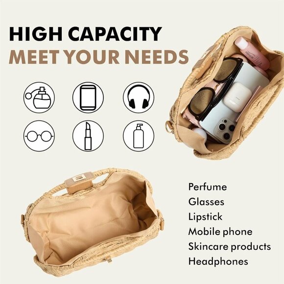 Woven Straw Purse with Crossbody Strap Summer Beach Bag Women's Handcrafted - Picture 4 of 7